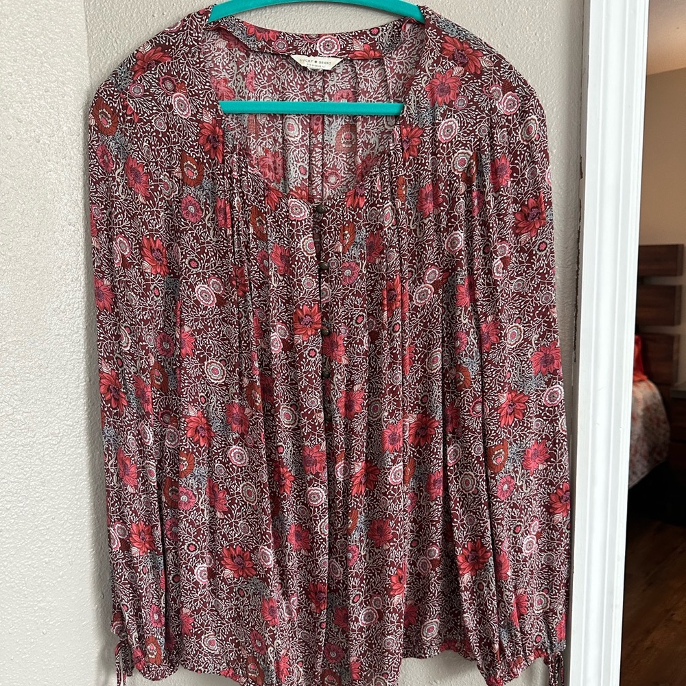 Lucky Brand Coral and Black Floral Blouse